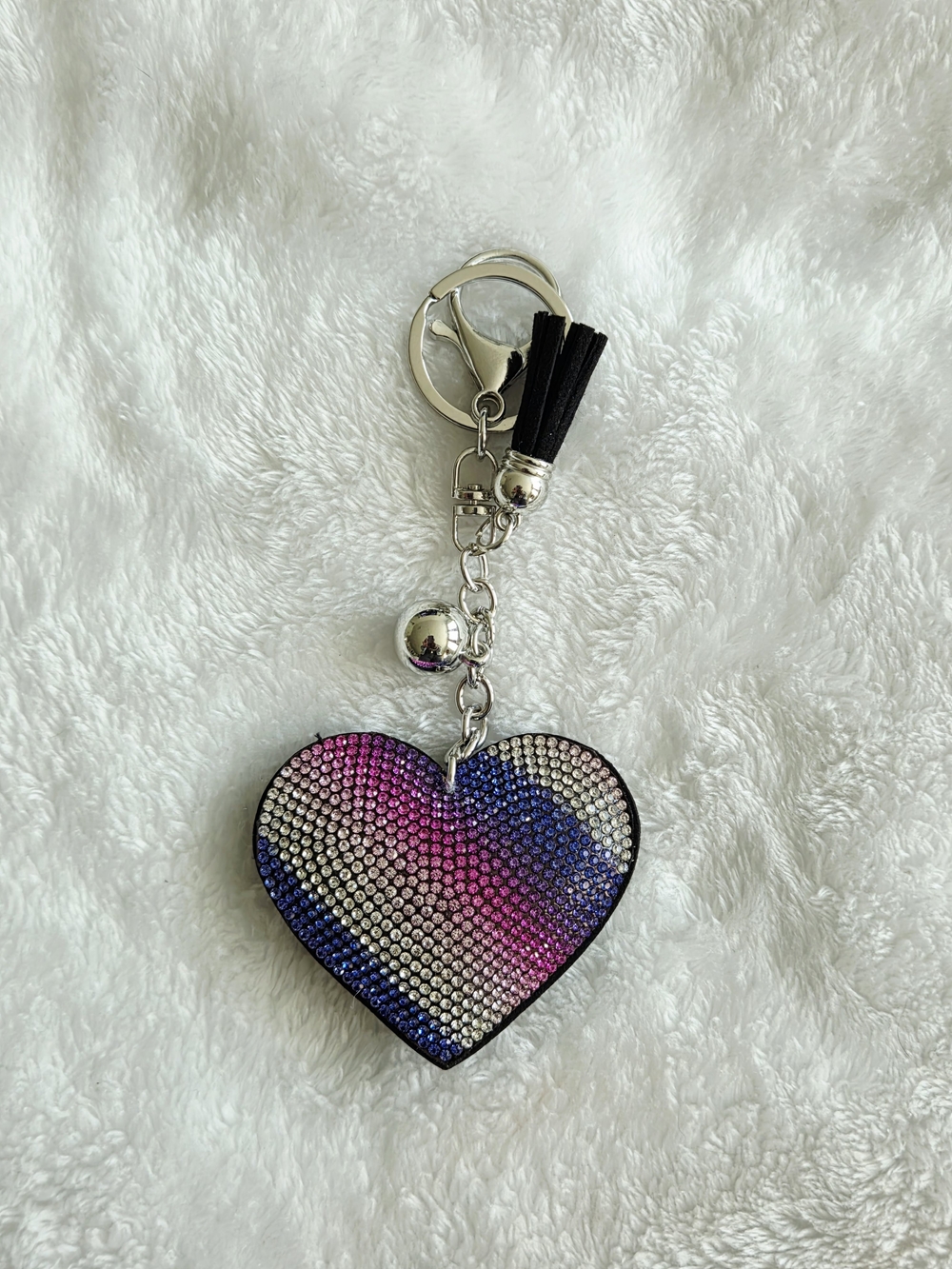 Rhinestone Heart Keychain - Pink, Blue & Silver Bag Charm - Picture 1 of 3